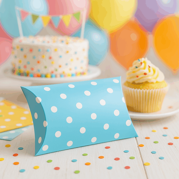 Caja almohada celeste con lunares blancos – Pack de 6 pzas (7.4 × 11 × 3 cm) - Imagen 2