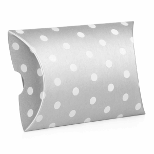 Caja almohada plateada con lunares blancos – Pack de 6 pzas (7.4 × 11 × 3 cm)