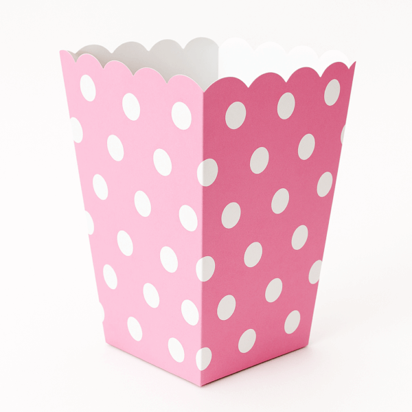 Palomera de cartón rosa con lunares blancos – Pack de 6 pzas (4.7 × 3.2 × 13 cm)