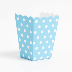 Palomera de cartón celeste con lunares blancos – Pack de 6 pzas (4.7 × 3.2 × 13 cm)