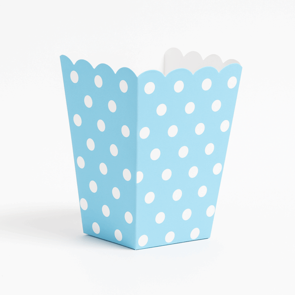 Palomera de cartón celeste con lunares blancos – Pack de 6 pzas (4.7 × 3.2 × 13 cm)
