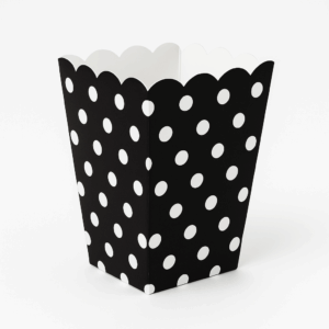 Palomera de cartón negra con lunares blancos – Pack de 6 pzas (4.7 × 3.2 × 13 cm)