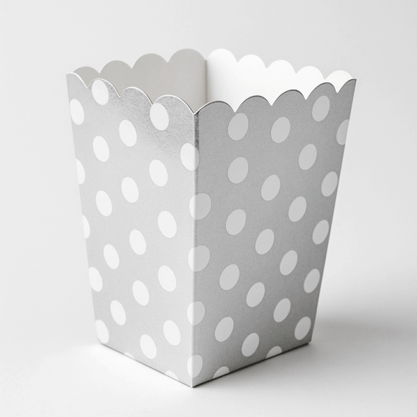 Palomera de cartón plateada con lunares blancos – Pack de 6 pzas (4.7 × 3.2 × 13 cm)